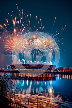Spectacular shot of fireworks lighting up the night sky above a Euro 2024 stadium, adding to the spectacle of the tournament. A