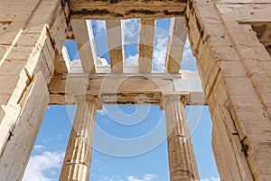 Spectacular sights of the ruins in ancient Greek Acropolis, old temple of parthenon and stone pillar columns