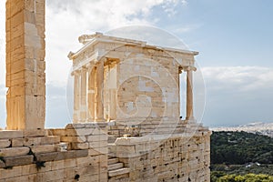 Spectacular sights of the ruins in ancient Greek Acropolis, old temple of parthenon and stone pillar columns