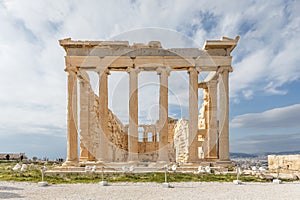 Spectacular sights of the ruins in ancient Greek Acropolis, old temple of parthenon and stone pillar columns