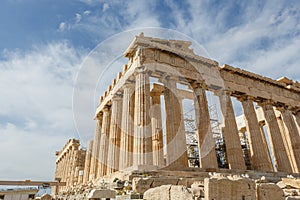 Spectacular sights of the ruins in ancient Greek Acropolis, old temple of parthenon and stone pillar columns