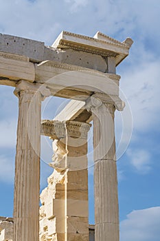 Spectacular sights of the ruins in ancient Greek Acropolis, old temple of parthenon and stone pillar columns