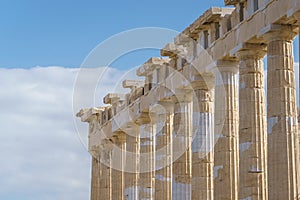 Spectacular sights of the ruins in ancient Greek Acropolis, old temple of parthenon and stone pillar columns