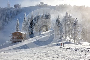 Spectacular ski slopes in the Carpathians,Poiana Brasov ski resort,Transylvania,Romania,Europe,Pine forest covered in snow on