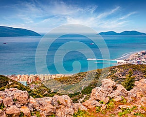 Spectacular spring cityscape of Vlore city from Kanines fortress.