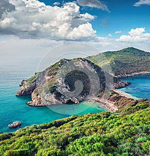 Spectacular spring view of Pirates Bay, Porto Timoni, Afionas village location. Fantastic morning seascape of Ionian Sea.