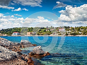 Spectacular spring view of port Fiskardo. Splendid morning seascape of Ionian Sea. Stunning outdoor scene of Kefalonia island,