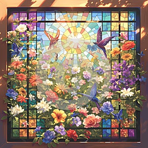 Spectacular Stained Glass Window with Floral & Avian Splendor