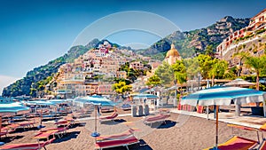 Spectacular summer cityscape of cliffside village on southern Italy`s Amalfi Coast - Positano.