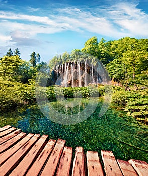 Spectacular summer scene of green forest with pure water waterfall in Plitvice Lakes National Park. Colorful countryside landscape