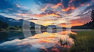 Spectacular summer sunrise on Dragan lake. Adorable morning view