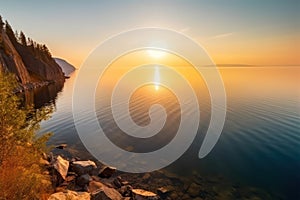 Spectacular summer sunrise over Lake Baikal. haze over water.