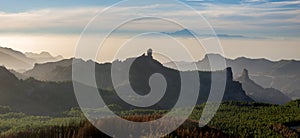 Spectacular sunset over roque nublo mountain on Gran Canaria, in