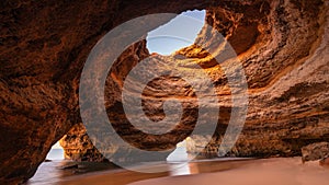 Spectacular sunset view of the Benagil Sea Cave in Algarve, Portugal, Europe