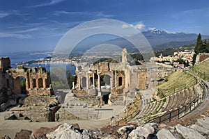 Spectacular view from ancient Taormina to Mount Etna