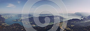 Spectacular view of Austria two lakes Mondsee and Attersee from the Schafberg rock by daylight. Panorama of the Austrian
