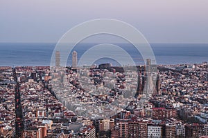 This is the spectacular view of Barcelona, Spain. It is almost nightime. photo