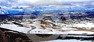 Spectacular view at Beartooth Highway Summit, Wyoming. A Drive of incredible beauty. Yellowstone. Road trip.