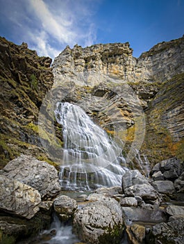 Spectacular view of the Cola de Caballo waterfall in the Ordesa y Monte Perdido National Park in Huesca