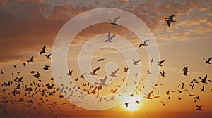 Spectacular view of flock of big and colourful wild birds flying closeup