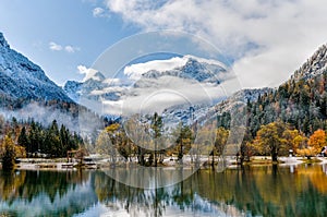 Spectacular view of Lake Jasna and mountains in Julian alps near Kranjska gora in Slovenia