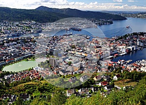 Spectacular View From Mount Floyen To Downtown And The Harbour Of Bergen