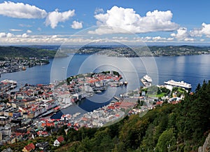 Spectacular View From Mount Floyen To The Harbour Of Bergen And The Byfjord