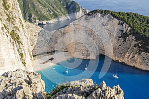 Spectacular view on Navagio sandy beach with famous shipwreck on Zakynthos island, Greece
