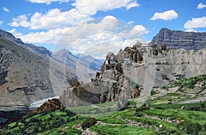 Spectacular view od Dhankar village and gompa with high himalaya