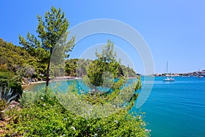 Spectacular view on one of the most beautiful beaches in Poros Island. Summer holiday