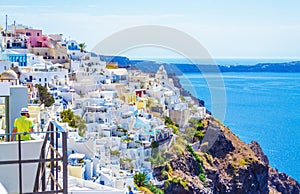 Amazing Fira town perched at Santorini Caldera cliff edge Cyclades Greece