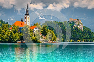 Spectacular view with Pilgrimage church and lake Bled, Slovenia