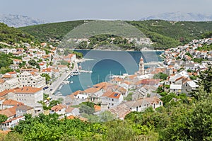 Spectacular view on Pucisca town located on the north coast of Brac island, Croatia