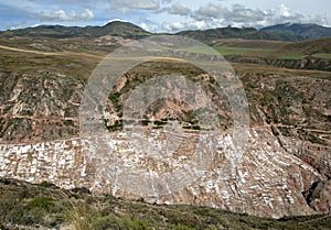 A spectacular view showing the Maras salt evaporation ponds in Peru.