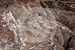 A spectacular view showing the Maras salt evaporation ponds in Peru.