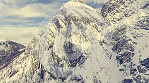 Spectacular view of snow covered mountain ridge.