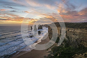 Spectacular view of the Twelve Apostles at sunset. Great Ocean Road, Victoria, Australia