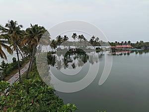 Spectacular view of Vembanad lake Banks in vaikom, Kerala, India.