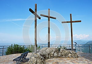 Spectacular viewpoint of Monte Tre Croci three crosses mount from the top of San Maurizio of Brunate, Como, Italy