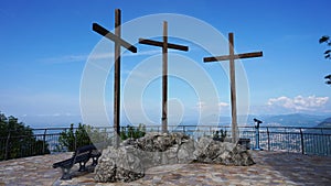 Spectacular viewpoint of Monte Tre Croci three crosses mount from the top of San Maurizio of Brunate, Como, Italy.