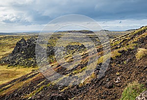 Spectacular volcanic view from Saxholl volcano Crater, Snaefellsnes peninsula, Snaefellsjokull National Park, West Iceland