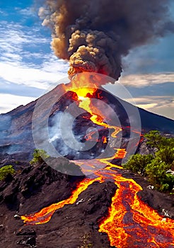 Spectacular volcano eruption with lava floating