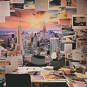 Spectacular Wall Painting Of Nyc With Desk And Papers