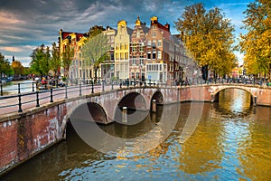 Spectacular water canals with bridges and colorful houses, Amsterdam, Netherlands