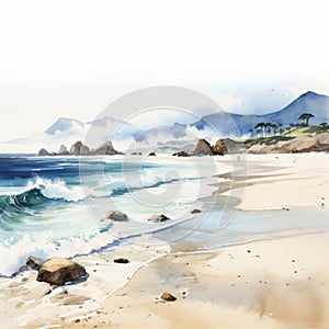 Spectacular Watercolor Beach Coast With Hyper Realistic Mountains