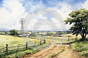 Spectacular Watercolor Sketch Of Anime-style Farmhouse And Windmill