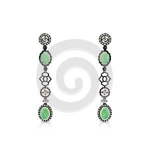 Spectacular white gold earrings plated with black rhodium with diamonds and chrysoprase