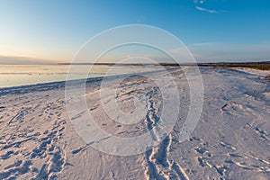 A spectacular winter landscape in the Russian countryside with waterfront. Surroundings of Taganrog photo