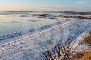 A spectacular winter landscape in the Russian countryside with waterfront. Surroundings of Taganrog