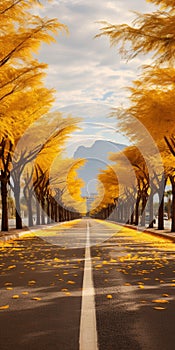 Spectacular Yellow And Orange Tree On Road: A Surreal Architectural Landscape